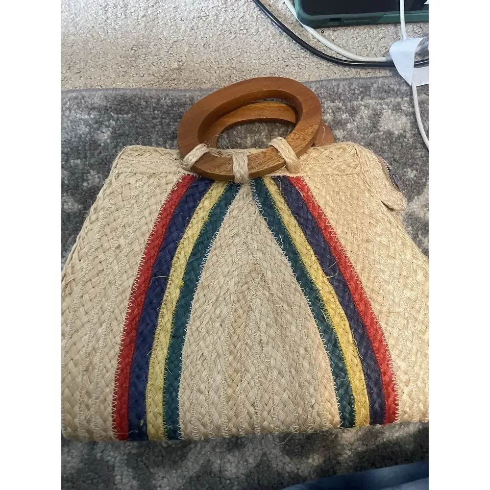 STRIPED STRAW‎ WOVEN SATCHEL TOTE HANDMADE HANDBAG MULTICOLOR Handmade